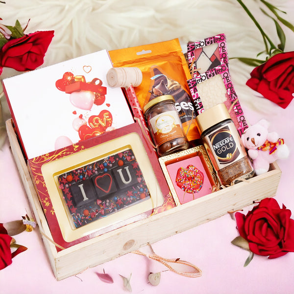 Valentines Light Wooden Basket with Assorted Chocolate Hearts