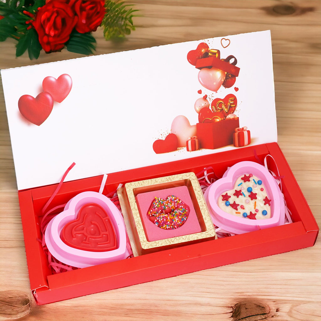 Valentines Box with Lips, Waffle, Puzzle Heart Chocolates