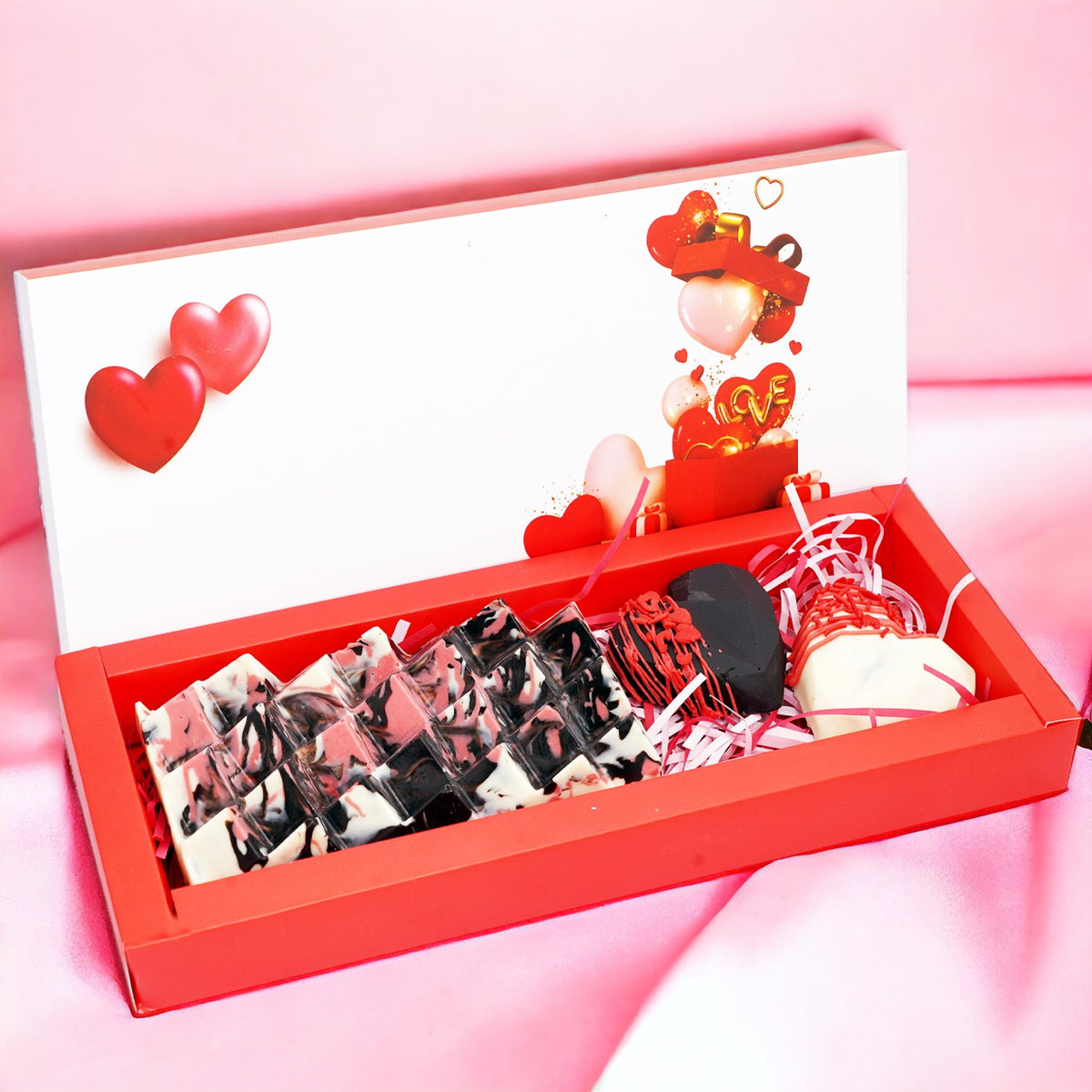 Valentines Box with Pyramid Bark, Drinking Chocolate, and Big Heart Chocolate