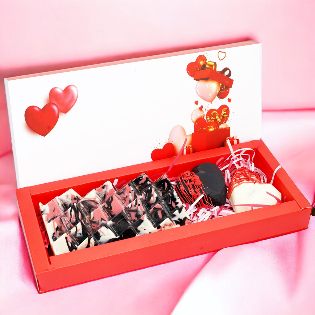Valentines Box with Pyramid Bark, Drinking Chocolate, and Big Heart Chocolate