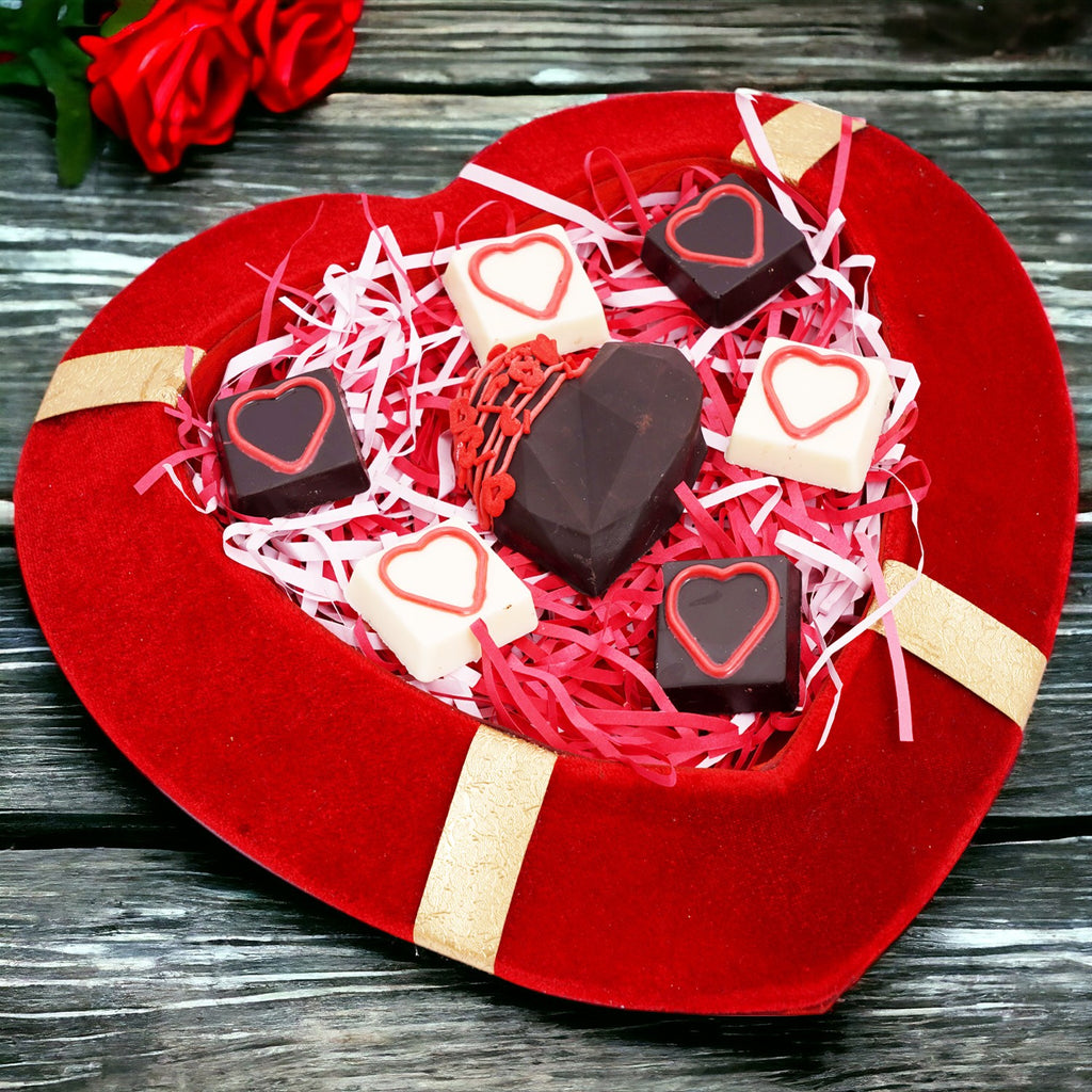 Red Velvet Tray of 1 Drinking Chocolate Heart and Assorted Hearts