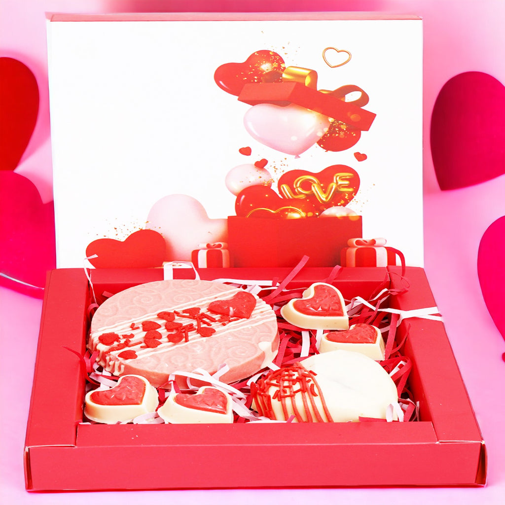 Valentines Box of 1 Drinking Chocolate Heart, 1 Disc and  Small Heart Chocolates