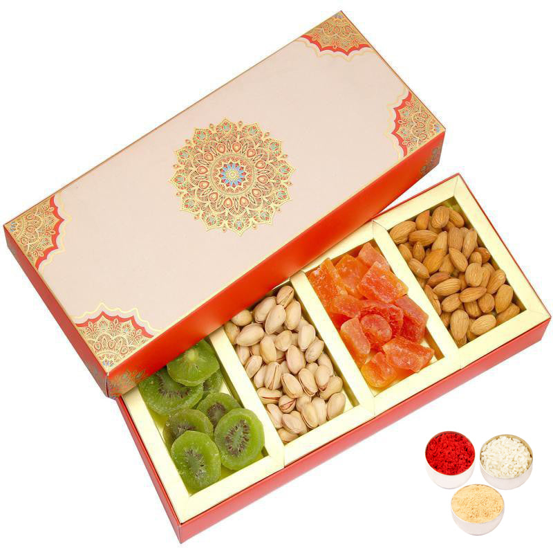 Bhaidhooj Gifts-  Fusion 4 Part Almonds, Pistachios, Kiwi and Papaya  Box