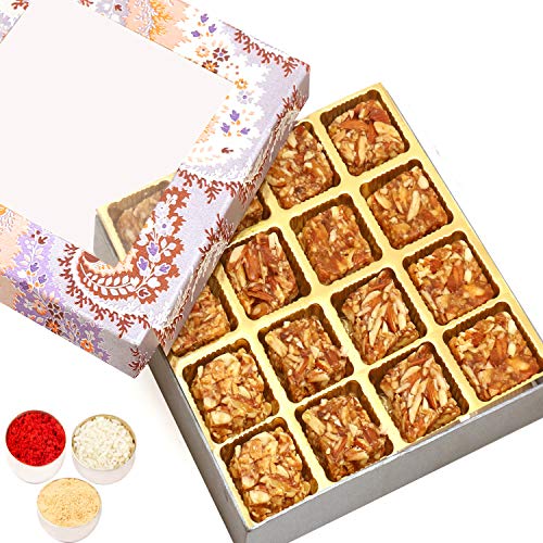 Bhaidhooj Gifts- Blue Printed 16 pcs Sugarfree Dates and Figs Bites Box