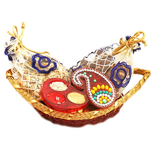 Bhaidhooj Gifts- Boat Basket with Sugarfree Dates and Figs Bites , Roasted Namkeen Pouches and Roli Chawal Container