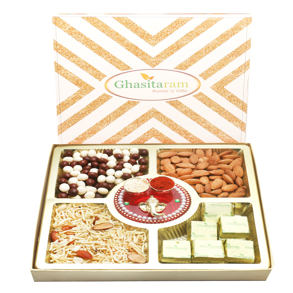 Bhaidhooj Gifts- Ghasitaram Special Almonds, Namkeen, Nutties and Chocolate Box with Mini Pooja Thali