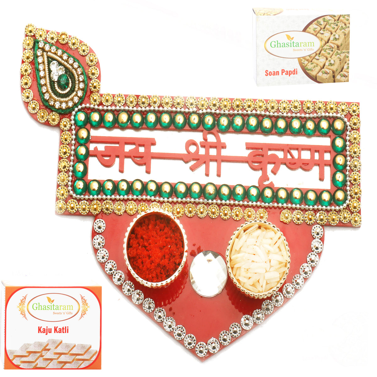 Jai Shree Krishna Pooja Thali with 200 gms of Kaju katli and 200 gms of Soan Papdi