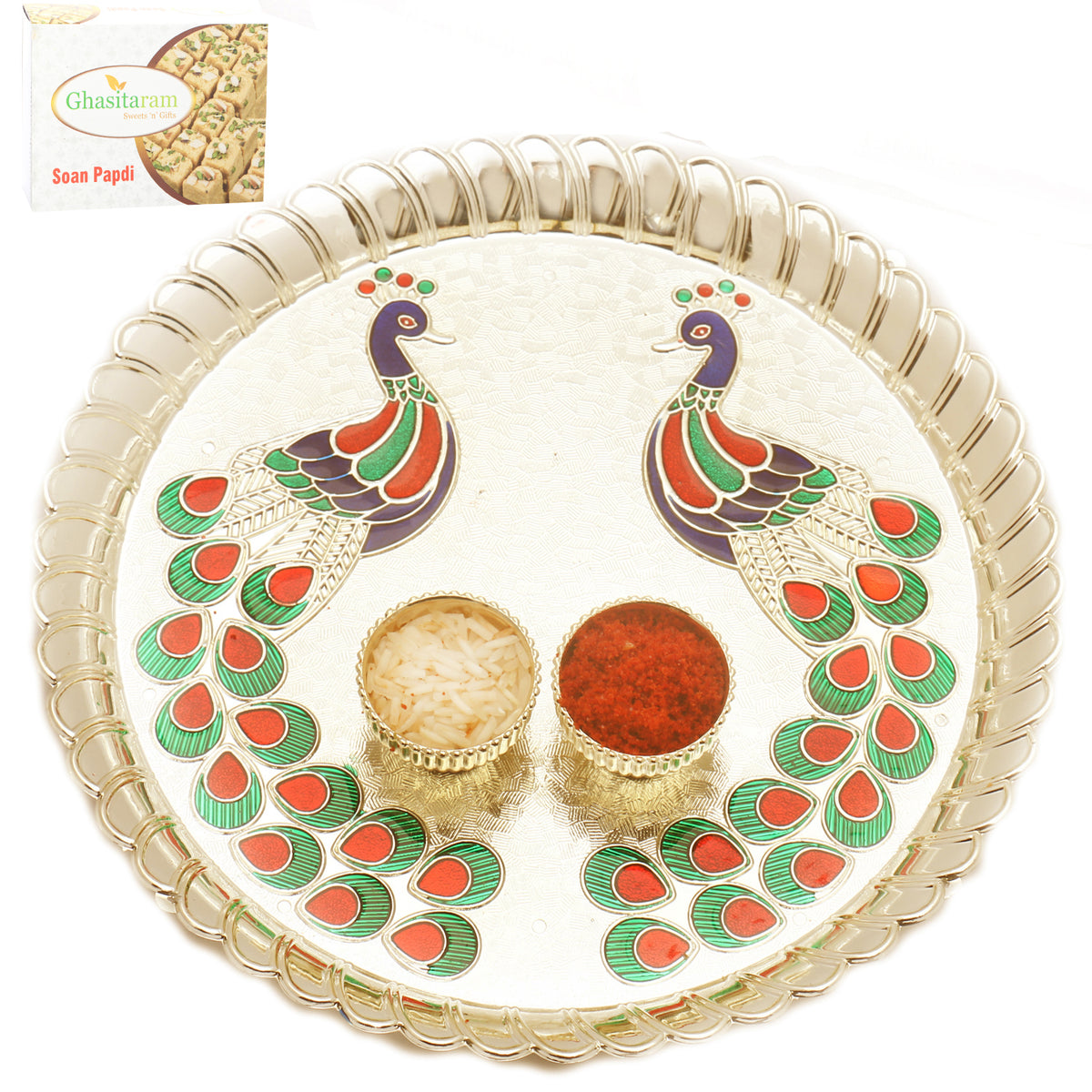 Peacock Pooja Thali with 400 gms of Soan Papdi