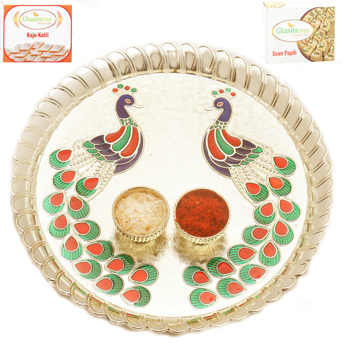 Peacock Pooja Thali with 200 gms of Kaju katli and 200 gms of Soan Papdi
