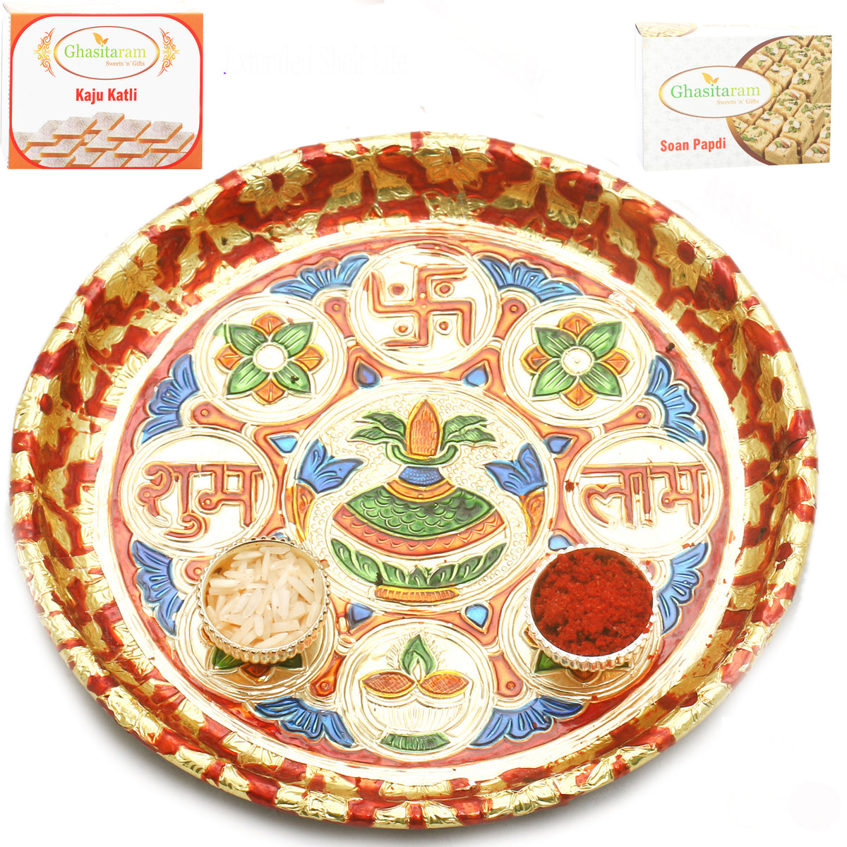 Shubh Lab Pooja Thali with 200 gms of Kaju katli and 200 gms of Soan Papdi