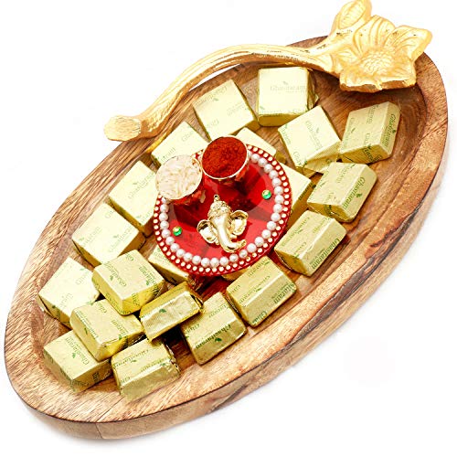 Bhaidhooj Gifts- Wooden Chocolate Platter with Mini Pooja Thali
