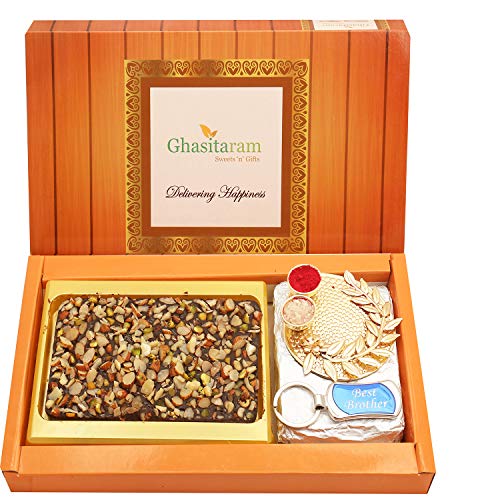 Bhaidhooj Gifts- Box Of Dryfruit Chocolate Bark, Pooja Thali and Best Brother Keychain 
