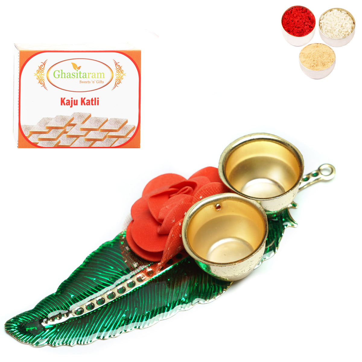 Green Leaf Roli Chawal Container  with 400 gms of Kaju katli 