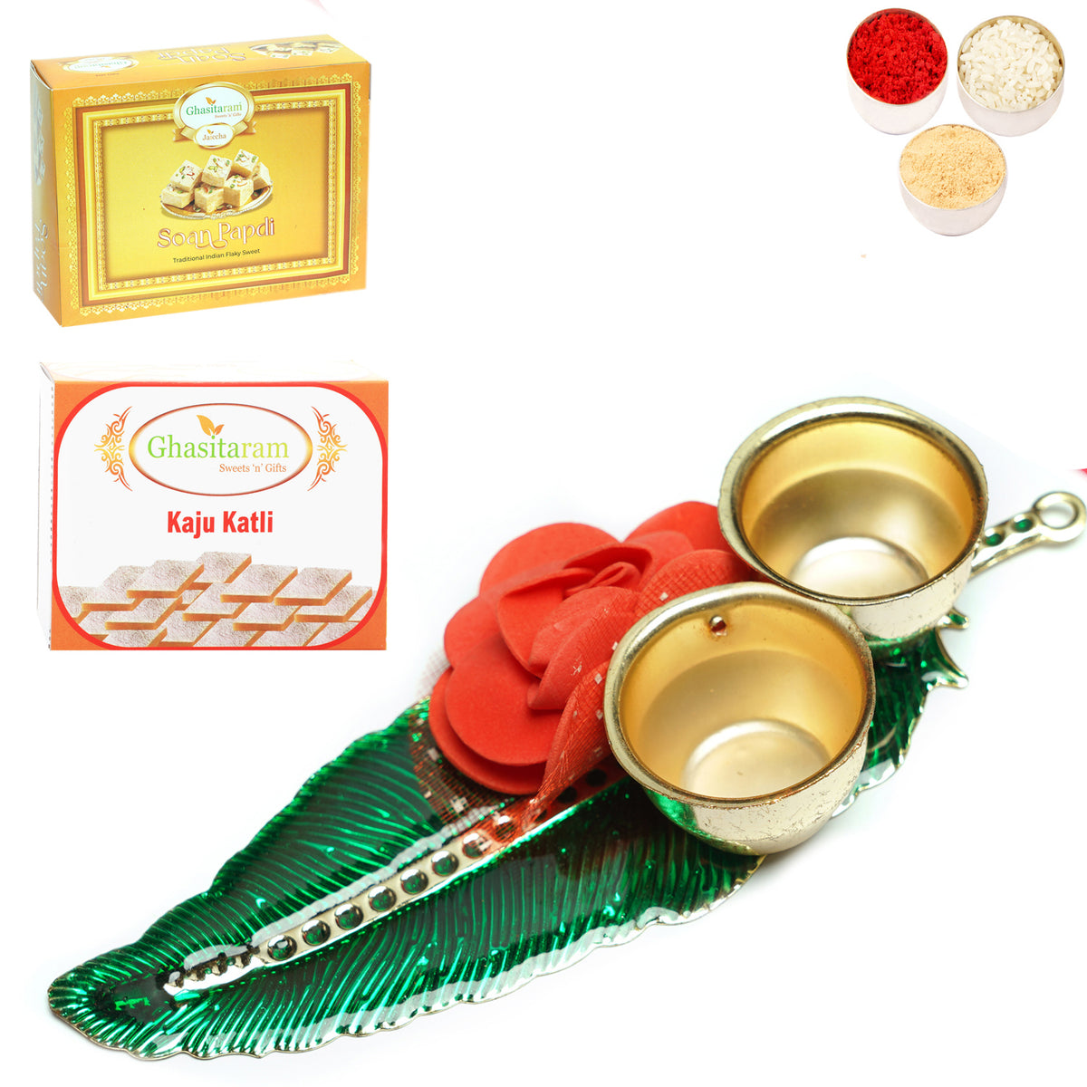 Green Leaf Roli Chawal Container  with 200 gms of Kaju katli and 200 gms of Soan Papdi 