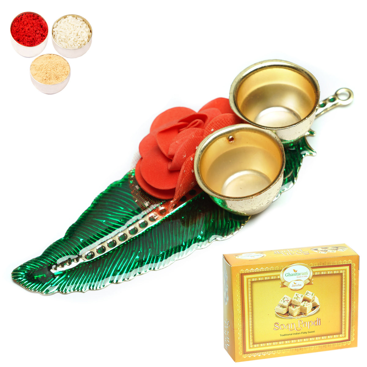 Green Leaf Roli Chawal Container  with 400 gms of Soan Papdi 