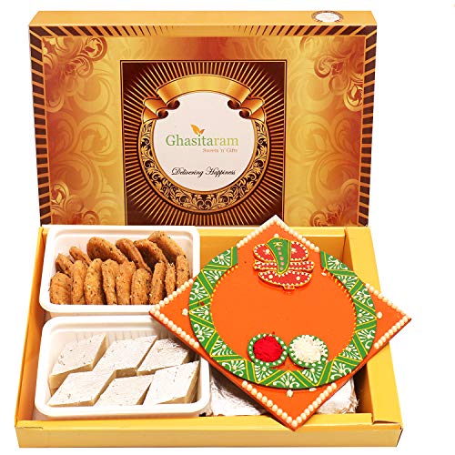 Bhaidhooj Gifts- Big Box of Kaju Katli, Methi Mathi and Orange Ganesha Pooja Thali