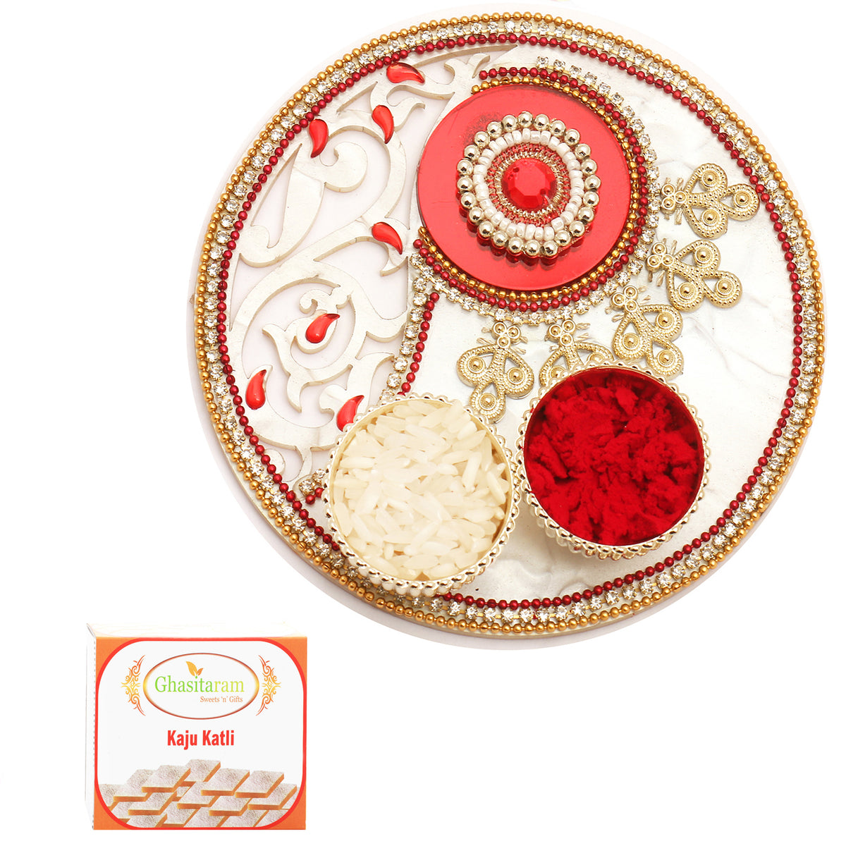 White Lazer Pooja Thali with 400 gms of Kaju katli