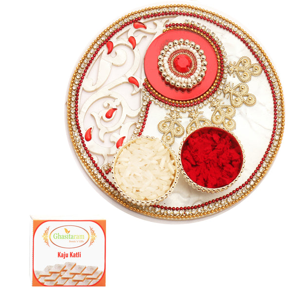 White Lazer Pooja Thali with 400 gms of Kaju katli