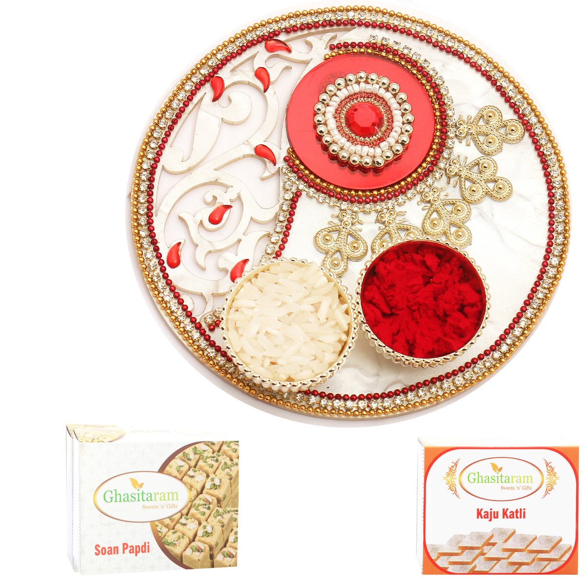 White Lazer Pooja Thali with 200 gms of Kaju katli and 200 gms of Soan Papdi