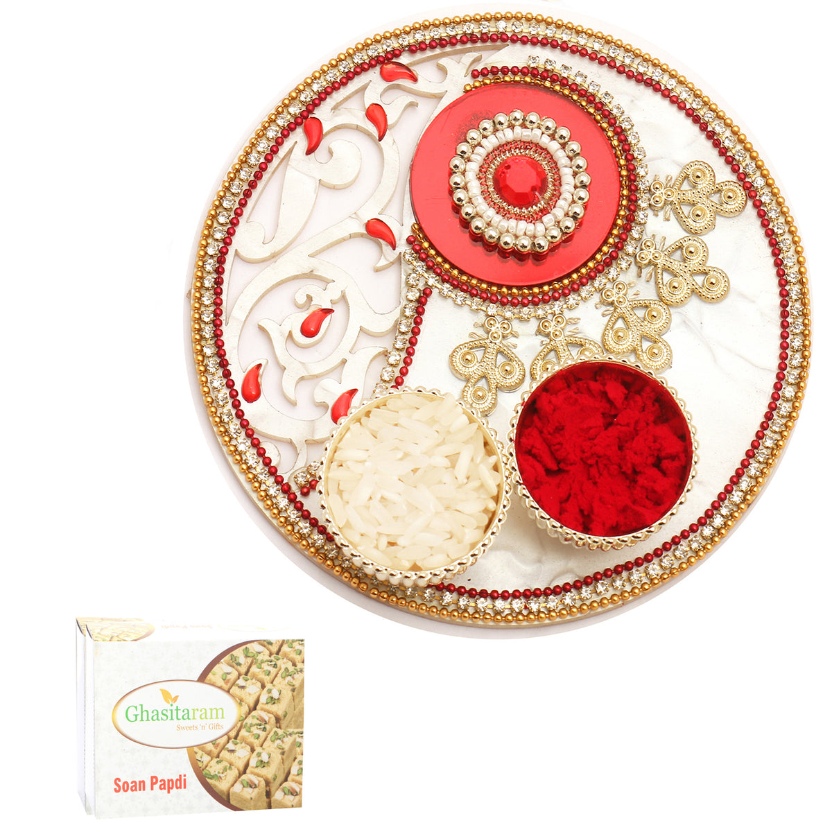 White Lazer Pooja Thali with 400 gms of Soan Papdi