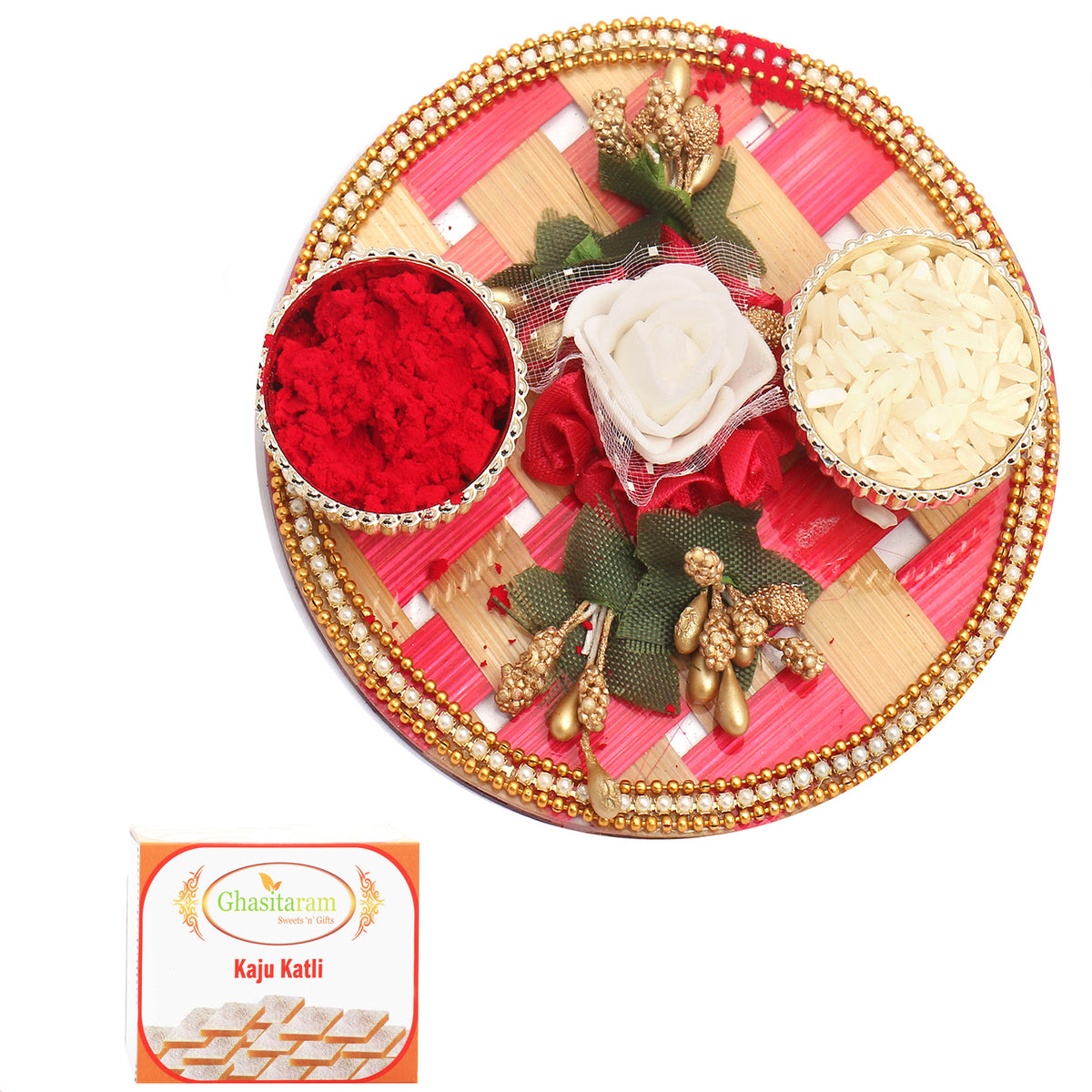 Pink Cane Pooja Thali with 400 gms of Kaju katli