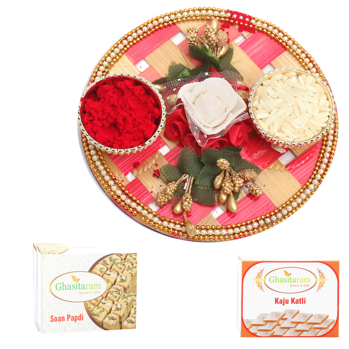 Pink Cane Pooja Thali with 200 gms of Kaju katli and 200 gms of Soan Papdi