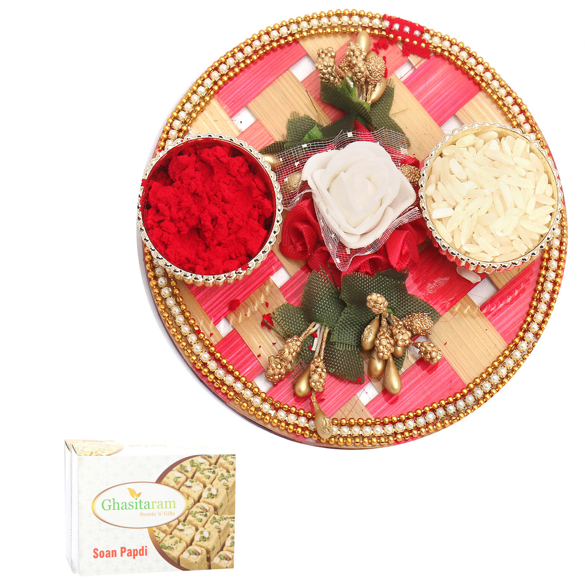 Pink Cane Pooja Thali with 400 gms of Soan Papdi