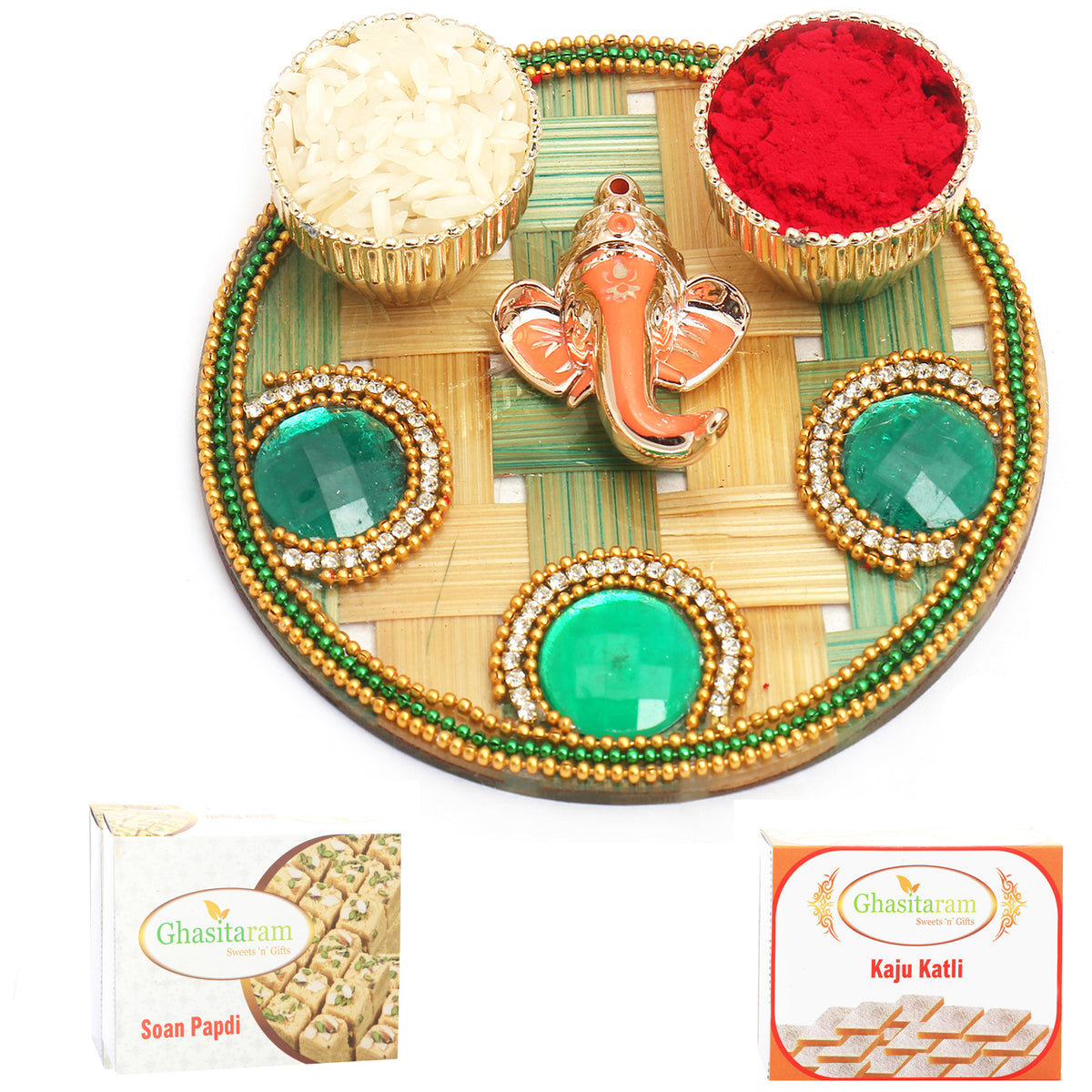 Green Cane Pooja Thali with 200 gms of Kaju katli and 200 gms of Soan Papdi
