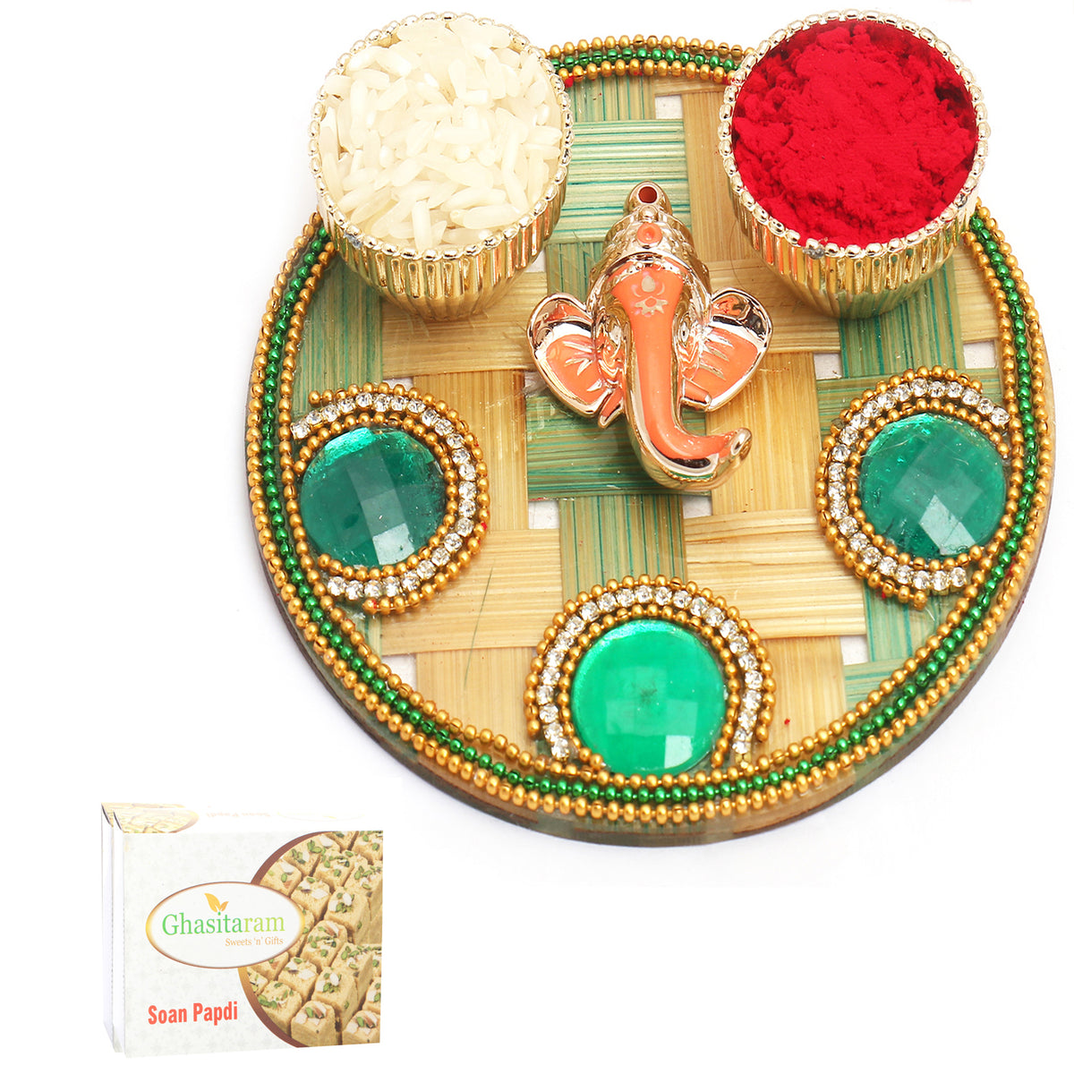 Green Cane Pooja Thali with 400 gms of Soan Papdi