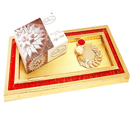 Bhaidhooj Gifts- Red and Gold platter With Kaju Katli and Lotus Pooja Thali 
