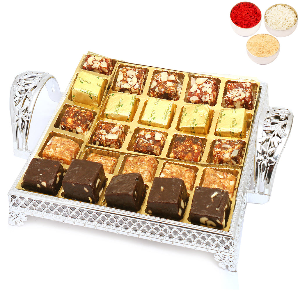 Bhaidhooj Gifts-Silver 25 pcs Assorted Bites Tray with