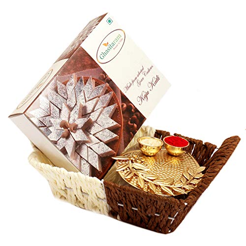 Bhaidhooj Gifts- Small Metal Brown Basket Of Kaju Katli and Pooja Thali