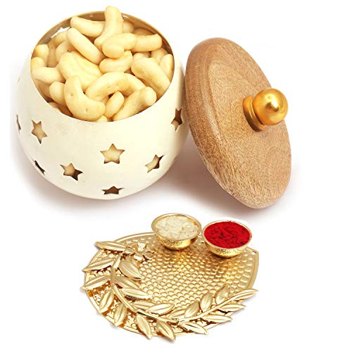 Bhaidhooj Gifts- White Wooden Cashew Shaped Biscuits Jar with Pooja Thali