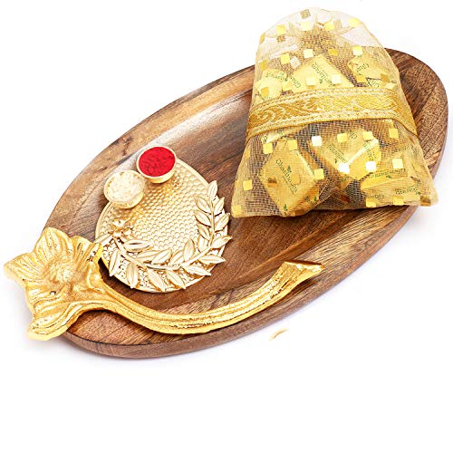 Bhaidhooj Gifts- Wooden Platter with Pooja Thali and Chocolate Pouch