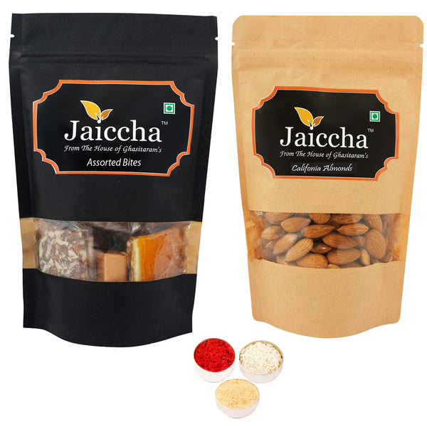 Bhaidhooj Gifts-Pack of 2 Assorted Bites and Almonds Pouches big 400 gms 