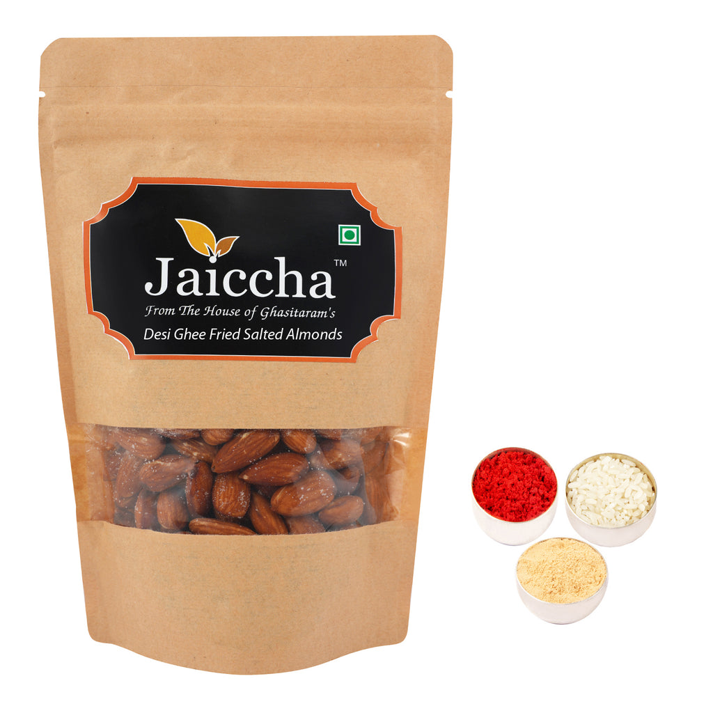 Bhaidhooj Gifts-Desi Ghee Fried Salted Almonds 200 gms in Brown Paper Pouch 