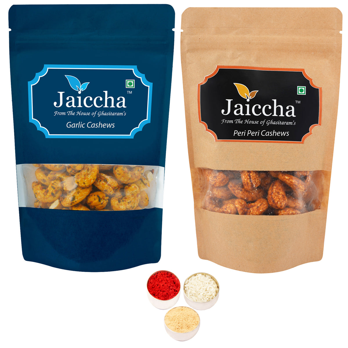 Bhaidhooj Gifts-Pack of 2 Garlic, Peri Peri Cashews Pouches small 200 gms 