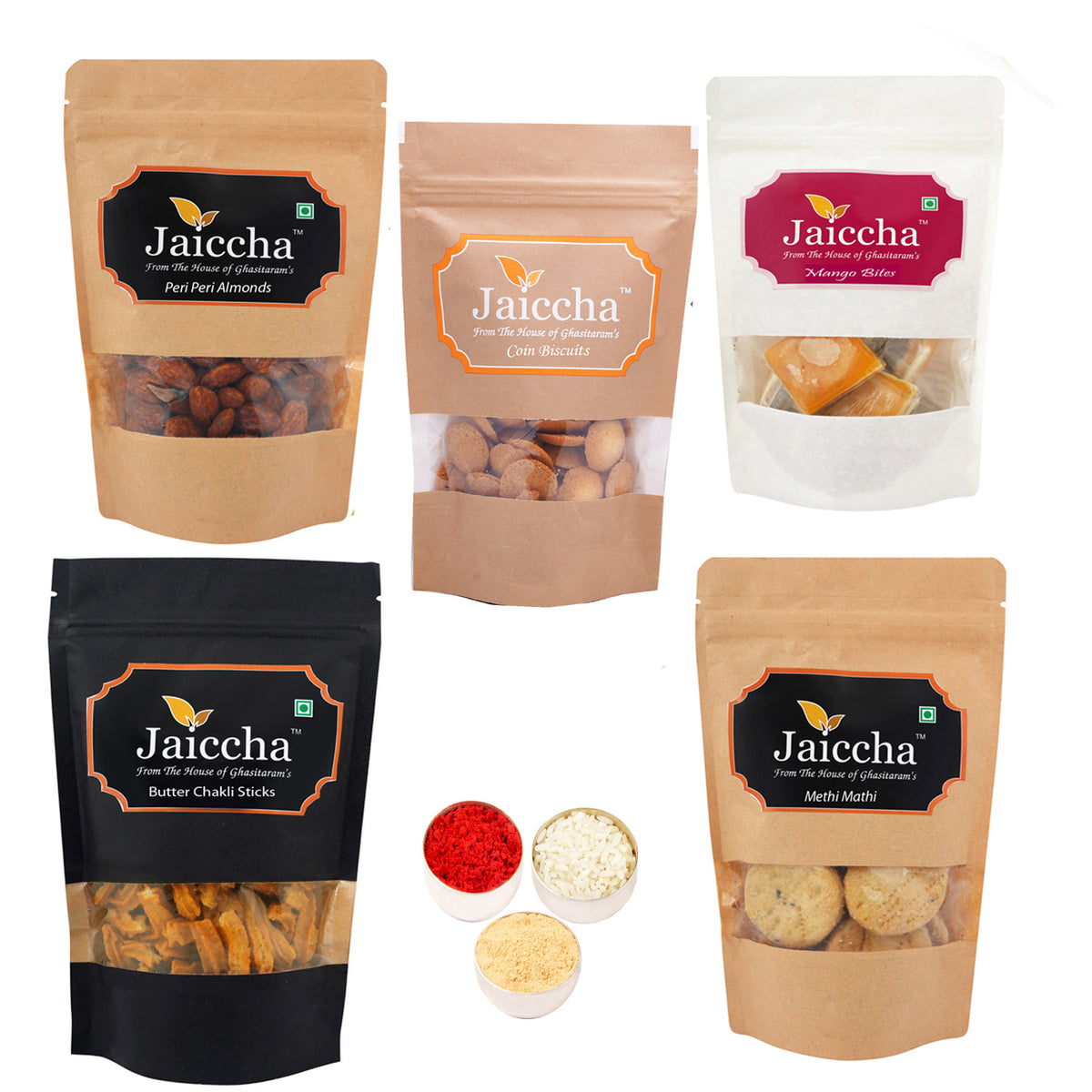 Bhaidhooj Gifts- Best of 5 Butter Chakli Sticks Pouch, Coin Biscuits Pouch, Methi Mathi Pouch, Peri Peri Almonds, Mango Bites Pouch 