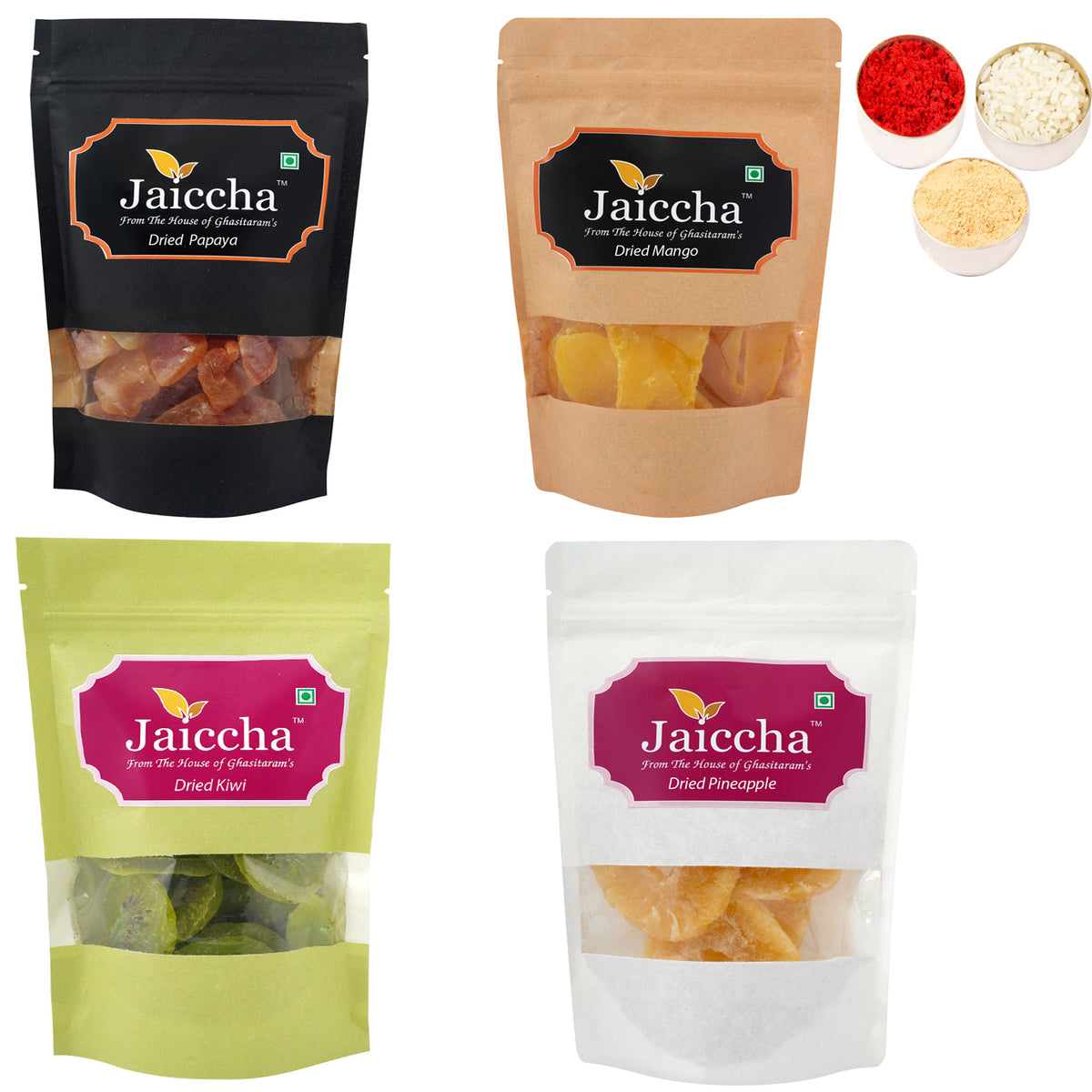 Bhaidhooj Gifts-Pack of 4 Dried Kiwi, Pineapple, Papaya, Mango Pouches Big 800 gms 