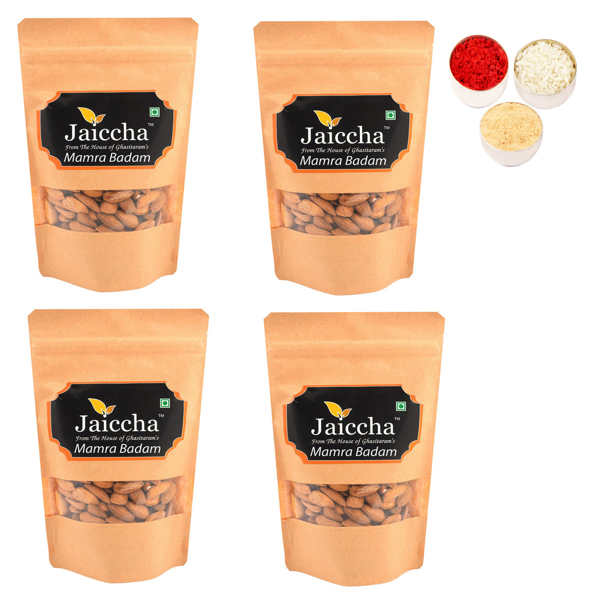 Bhaidhooj Gifts-Pack of 4 Mamra Badam 200 gms in Brown Paper Pouch 