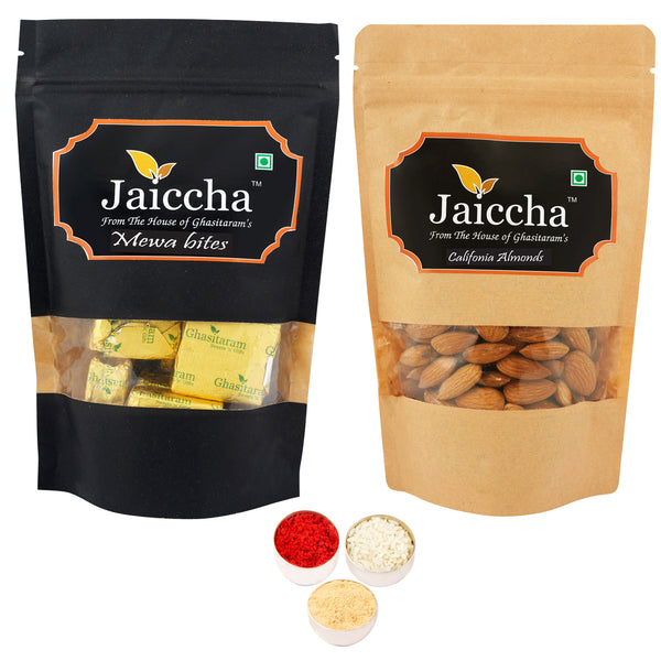 Bhaidhooj Gifts-Pack of 2 Mewa Bites and Almonds Pouches big 400 gms 