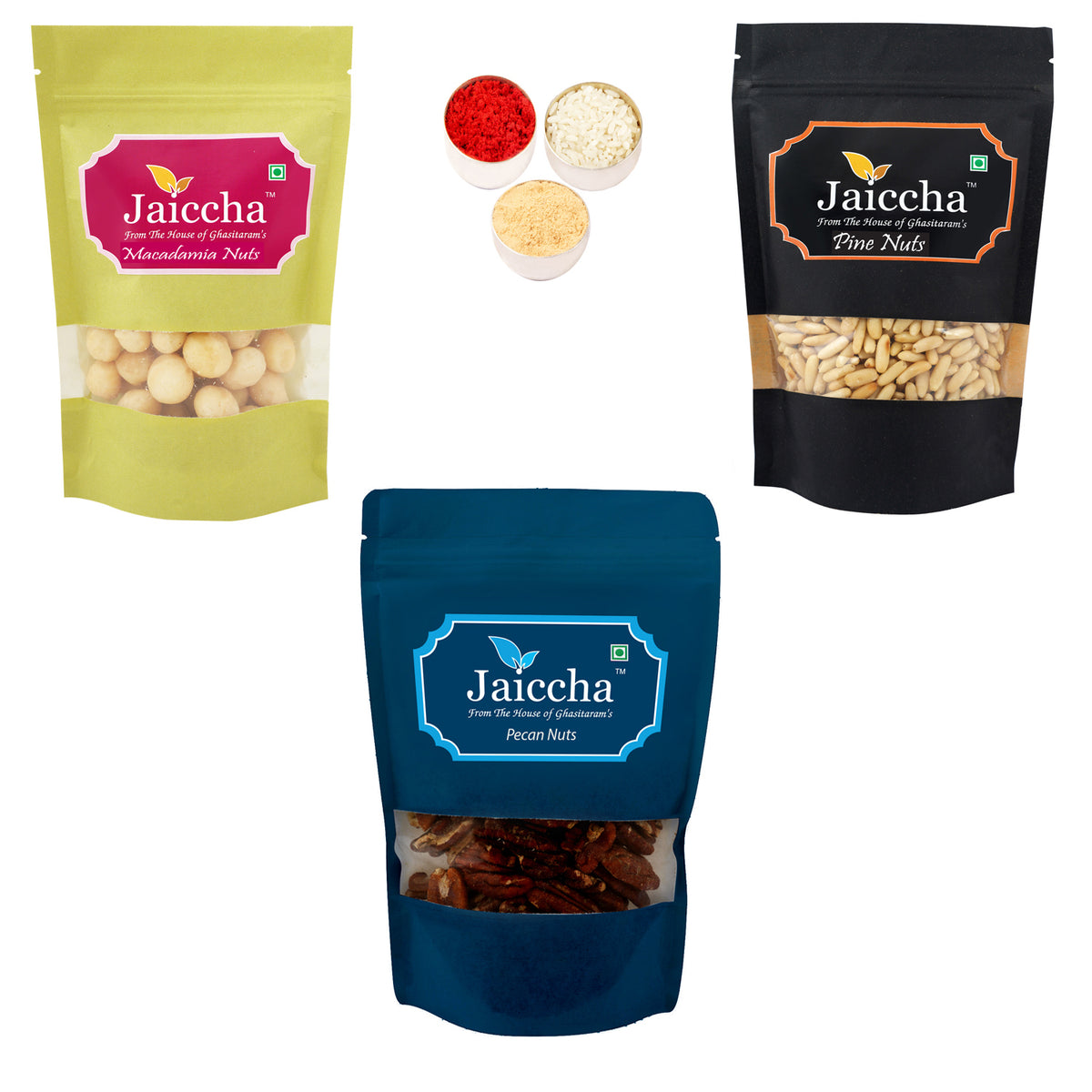 Bhaidhooj Gifts-Pack of 3 Premium Nuts Pinenuts, Pecan and Macadamia Big 600 gms 