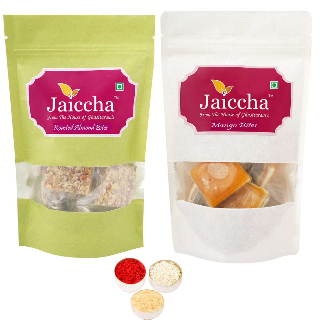 Bhaidhooj Gifts-Pack of 2 Roasted Almond Bites and Mango Bites Pouches small 200 gms 