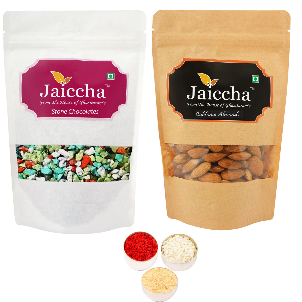 Bhaidhooj Gifts- Pack of 2 Stone Chocolate and Almond Pouches small 200 gms 