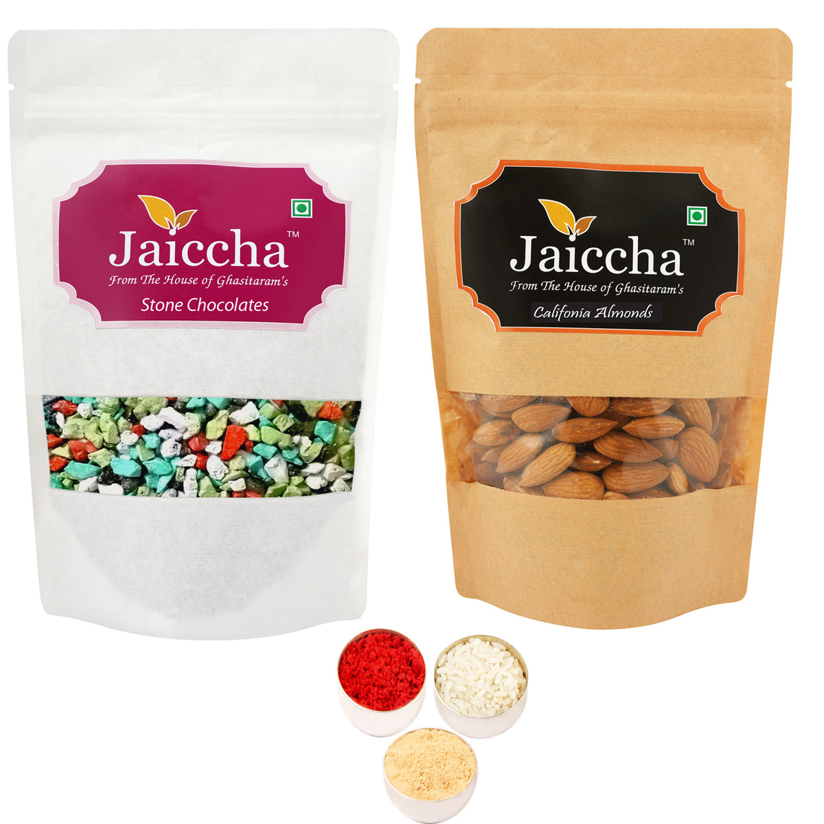 Bhaidhooj Gifts- Pack of 2 Stone Chocolate and Almond Pouches big 400 gms 