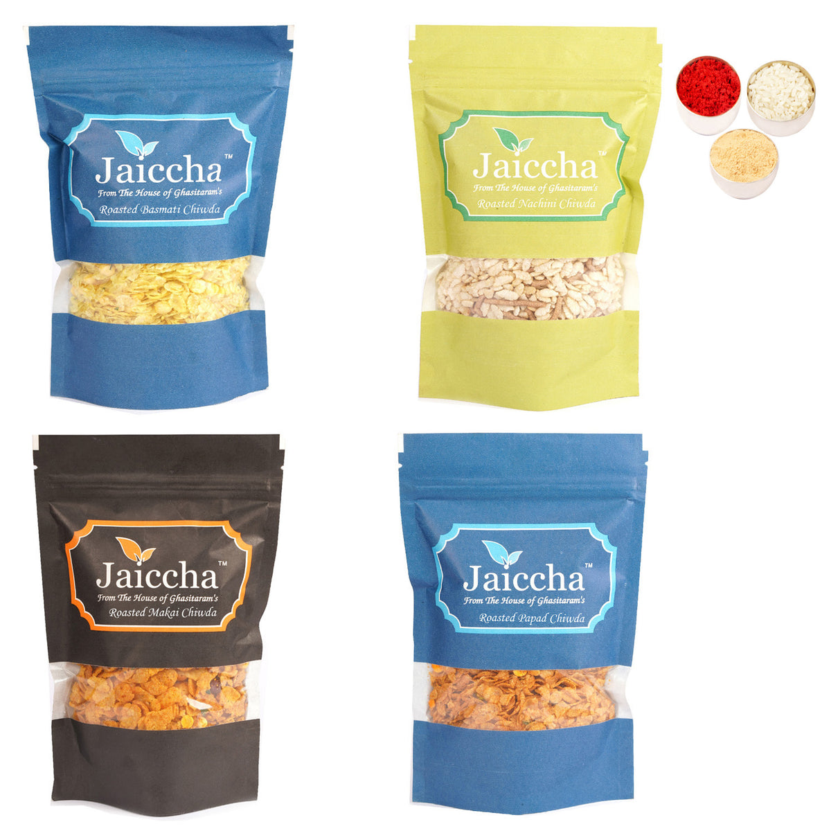 Bhaidhooj Gifts- Best of 4 Chiwdas Basmati, Makai, Papad and Nachini Chiwda Pouches