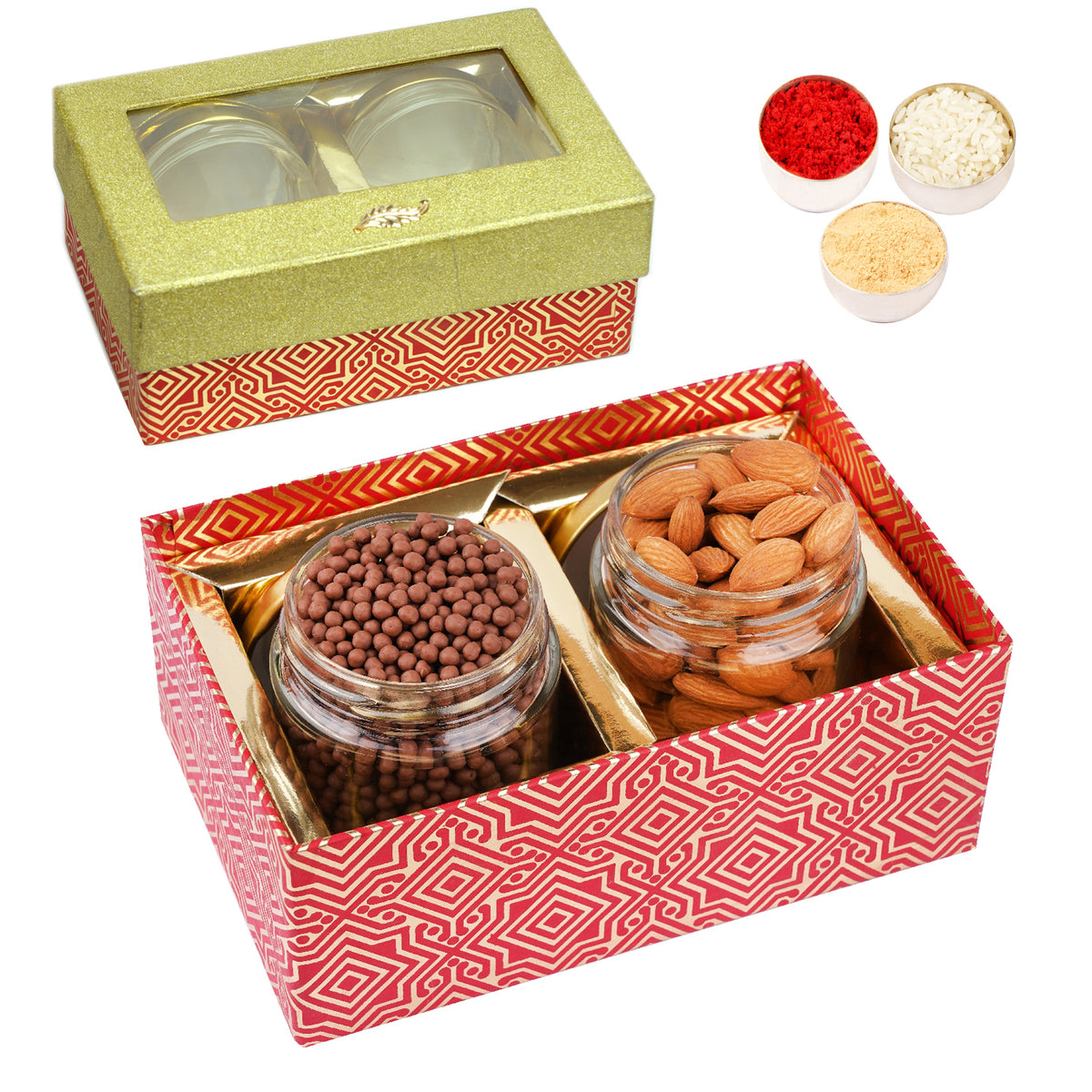 Bhaidhooj Gifts-Golden box with 2 Jars of Almonds and Choco Coated Rice Crispies