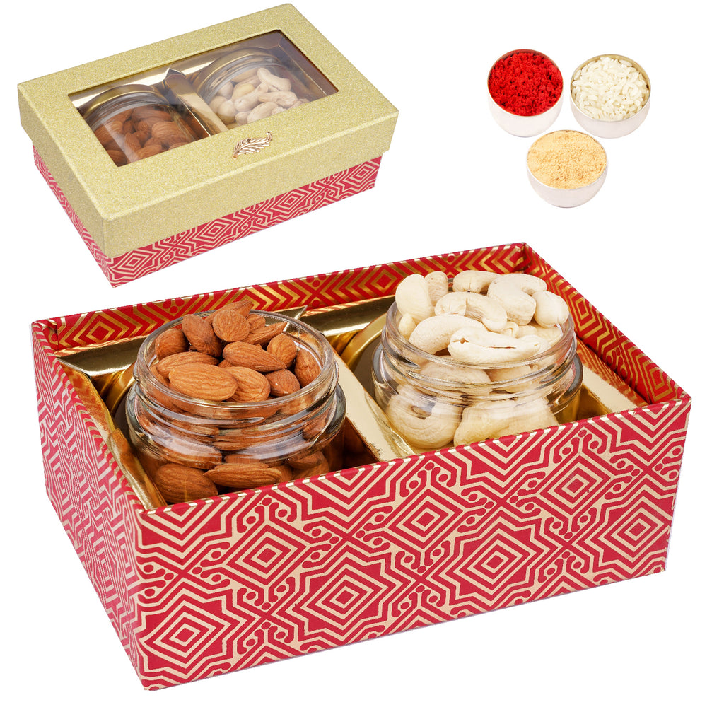Bhaidhooj Gifts-Golden box with 2 Jars of Cashews and Almonds