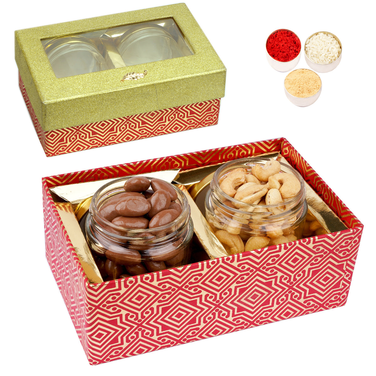 Bhaidhooj Gifts-Golden box with 2 Jars of Chocolate Coated Almonds and Roasted Cashews