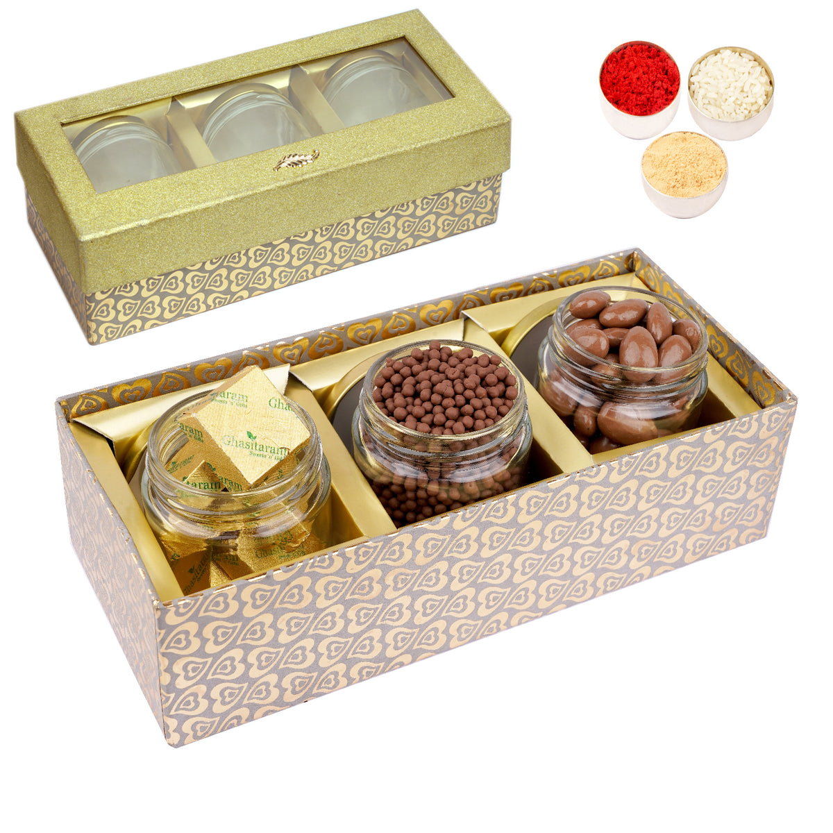Bhaidhooj Gifts-Golden box with 3 Jars of Chocolate Coated Almonds, Rice Crispies and Mewa Bites